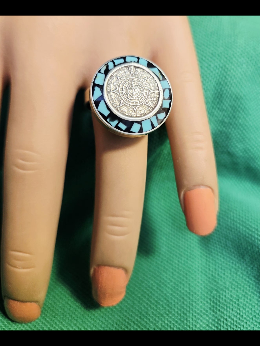 VINTAGE TURQUOISE STERLING SILVER 925 MAYA CALENDAR RING 5.5